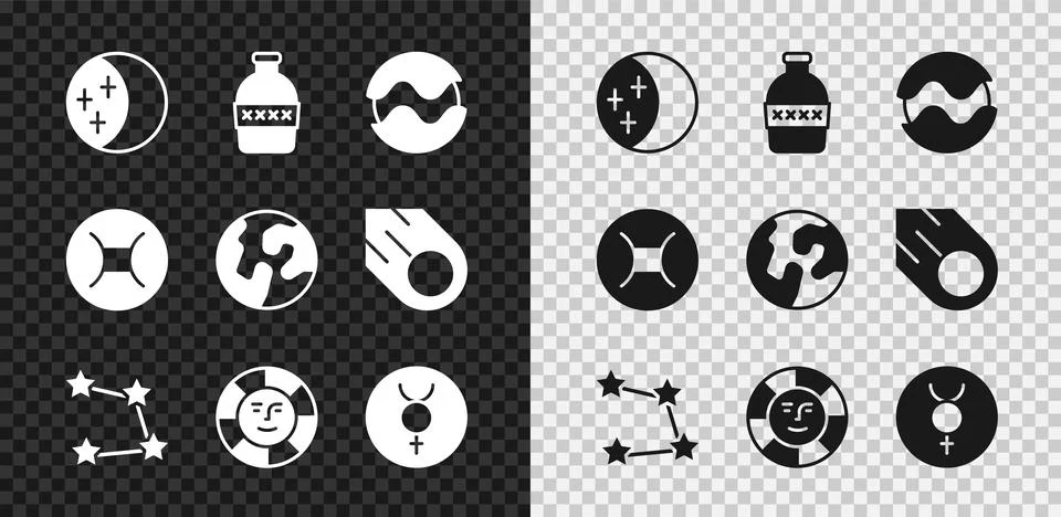 Set Eclipse of the sun, Bottle water, Planet, Star constellation zodiac, Sun 스톡 일러스트