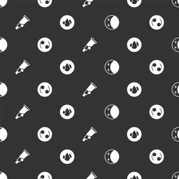Set Eclipse of the sun, Cancer zodiac, Telescope and Water drop on seamless 스톡 일러스트