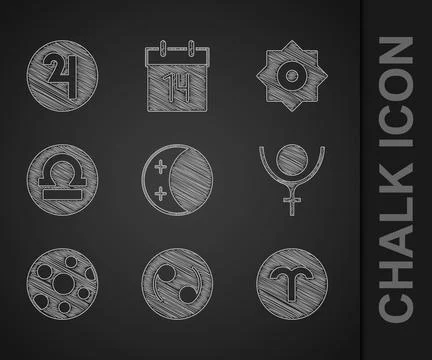 Set Eclipse of the sun, Cancer zodiac, Aries, Symbol Pluto, Full moon, Libra Stock Illustration