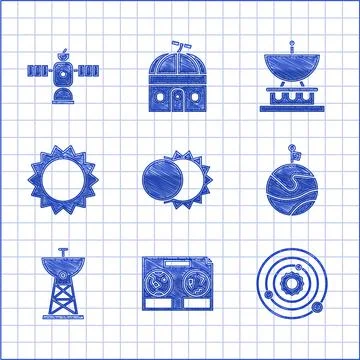 Set Eclipse of the sun, Celestial map night sky, Solar system, Moon with flag Ilustração Stock