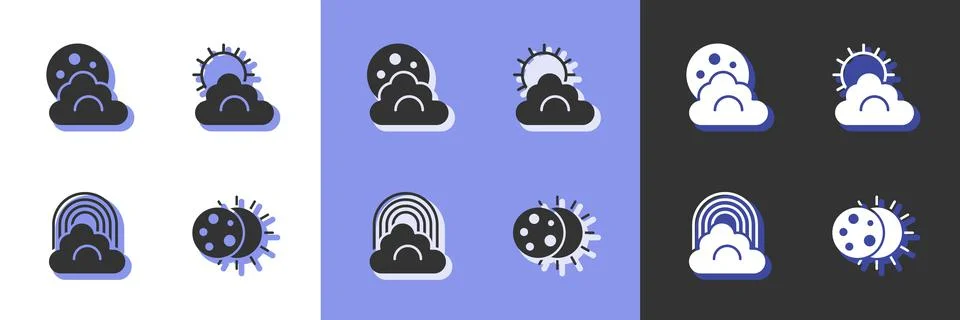 Set Eclipse of the sun, Cloud with moon, Rainbow cloud and Sun and weather icon 스톡 일러스트