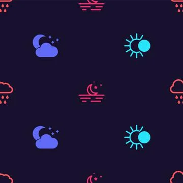 Set Eclipse of the sun, Cloud with moon and stars, Moon and rain on seamless 스톡 일러스트