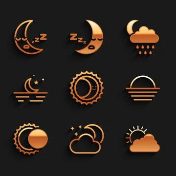 Set Eclipse of the sun, Cloud with moon and stars, Sun cloud weather, Sunset, Ilustração Stock