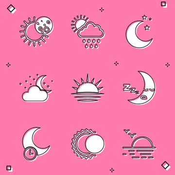 Set Eclipse of the sun, Cloud with rain and, Moon stars, moon, Sunset, icon Ilustração Stock