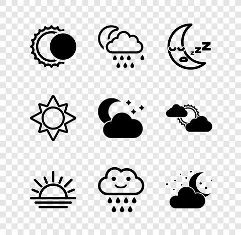 Set Eclipse of the sun, Cloud with rain and moon, Moon icon, Sunset, stars, and Ilustração Stock