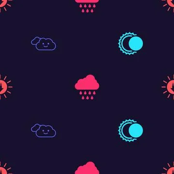 Set Eclipse of the sun, Cloud, with rain and Sunset on seamless pattern. Vector Stock Illustration