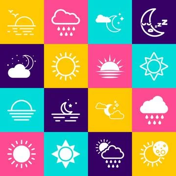 Set Eclipse of the sun, Cloud with rain, Sun, moon and stars, Sunset and  i.. 스톡 일러스트