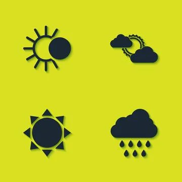 Set Eclipse of the sun, Cloud with rain, Sun and and cloud weather icon. Vect Illustrazione stock