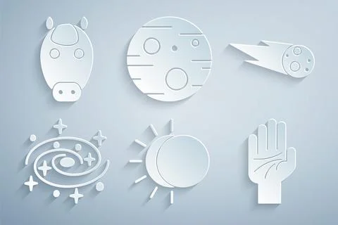 Set Eclipse of the sun, Comet falling down fast, Milky way spiral galaxy Ilustração Stock