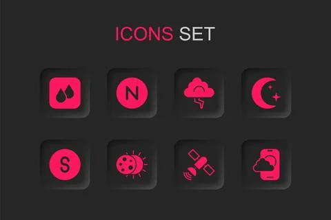 Set Eclipse of the sun, Compass north, Water drop, Satellite, Moon and star.. Ilustração Stock