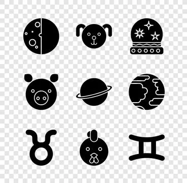 Set Eclipse of the sun, Dog zodiac, Magic ball, Taurus, Rooster, Gemini, Pig and Stock Illustration