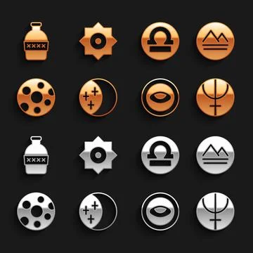 Set Eclipse of the sun, Earth element, Neptune planet, Medallion with eye, Full Ilustração Stock