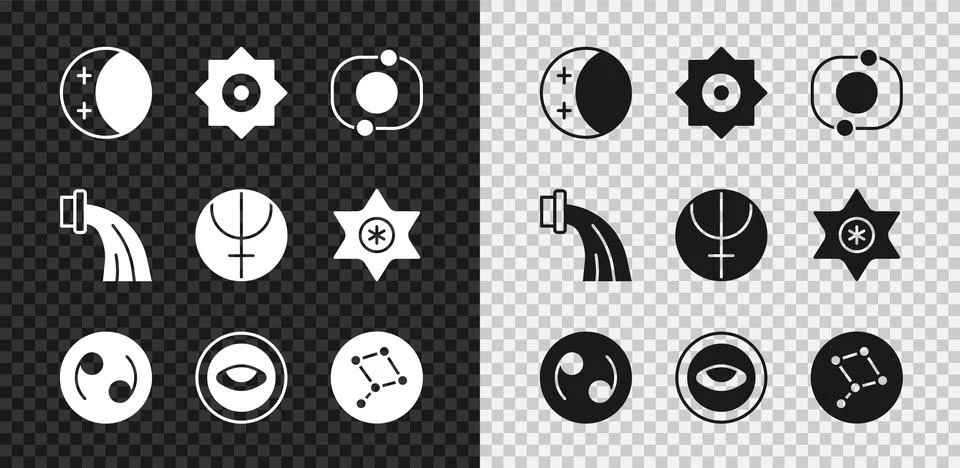 Set Eclipse of the sun, Falling star, Solar system, Cancer zodiac, Medallion Stock Illustration