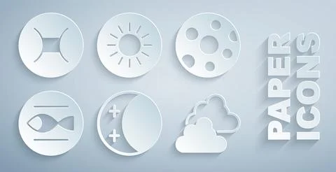 Set Eclipse of the sun, Full moon, Pisces zodiac, Cloudy weather, Sun and Gemini Ilustração Stock