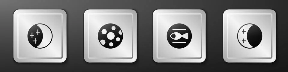 Set Eclipse of the sun, Full moon, Pisces zodiac and icon. Silver square button Ilustração Stock