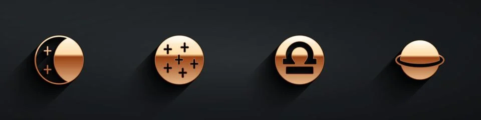 Set Eclipse of the sun, Full moon, Libra zodiac and Planet Saturn icon with.. Ilustração Stock