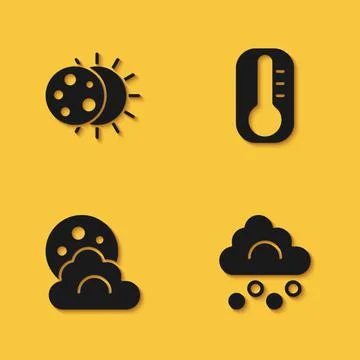 Set Eclipse of the sun, Hail cloud, Cloud with moon and Thermometer icon with Ilustração Stock