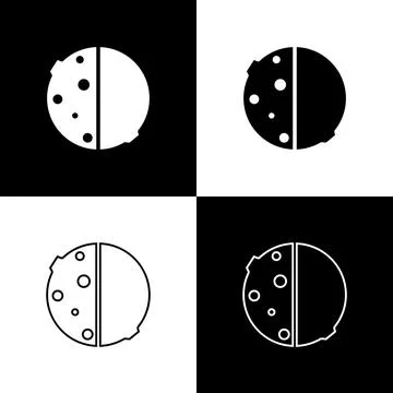 Set Eclipse of the sun icon isolated on black and white background. Total sonar Stock Illustration