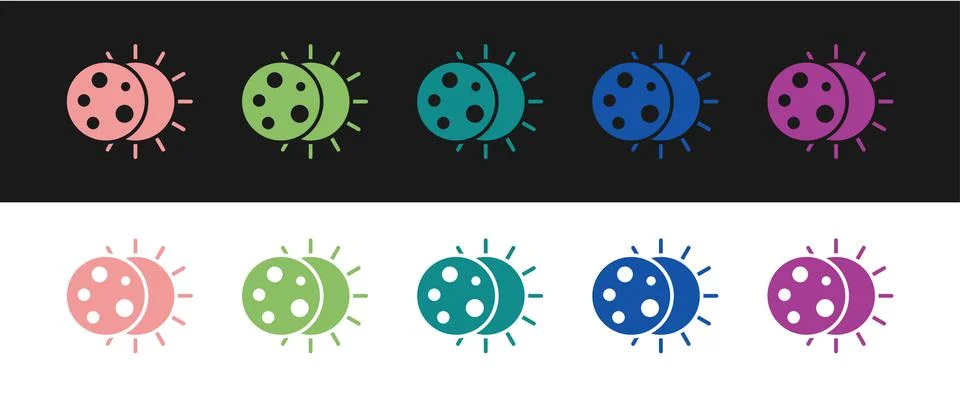 Set Eclipse of the sun icon isolated on black and white background. Total sonar Stock Illustration