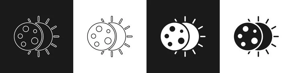 Set Eclipse of the sun icon isolated on black and white background. Total sonar Stock Illustration