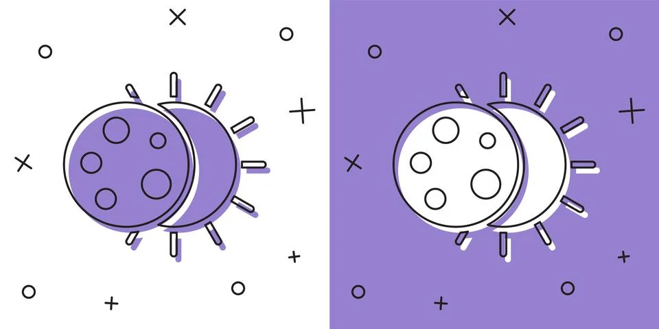 Set Eclipse of the sun icon isolated on white and purple background. Total sonar Ilustração Stock