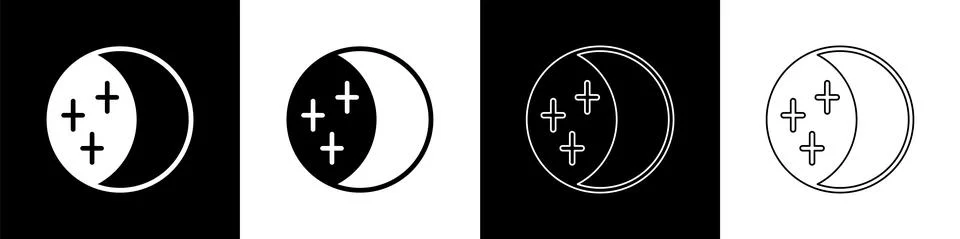 Set Eclipse of the sun icon isolated on black and white background. Total sonar Illustrazione stock