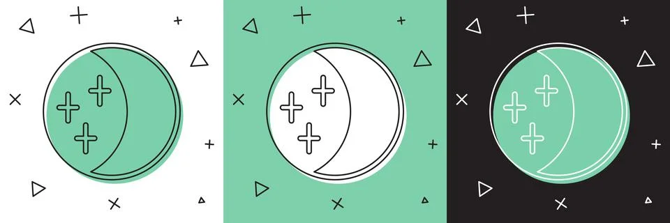 Set Eclipse of the sun icon isolated on white and green, black background. Total Stock Illustration