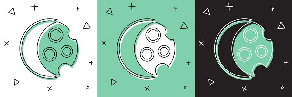 Set Eclipse of the sun icon isolated on white and green, black background. Total Stock Illustration