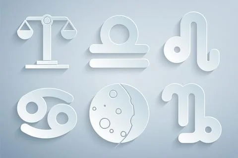 Set Eclipse of the sun, Leo zodiac, Cancer, Capricorn, Libra and icon. Vector Stock Illustration