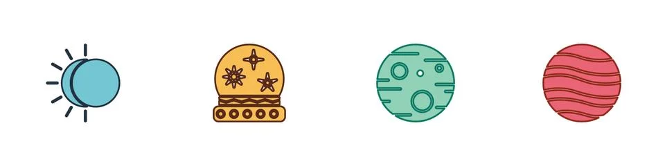 Set Eclipse of the sun, Magic ball, Planet Mars and Jupiter icon. Vector Stock Illustration