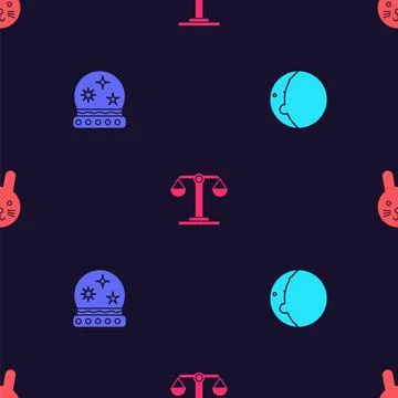 Set Eclipse of the sun, Magic ball, Libra zodiac and Rabbit on seamless pattern Stock Illustration