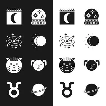 Set Eclipse of the sun, Milky way spiral galaxy, Moon phases calendar, Magic  Ilustração Stock