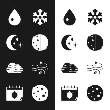 Set Eclipse of the sun, Moon and stars, Water drop, Snowflake, Fog cloud, Wind Illustrazione stock