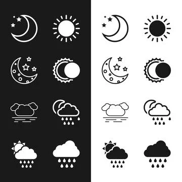 Set Eclipse of the sun, Moon and stars, Sun, Cloud, with rain moon, and icon Ilustração Stock