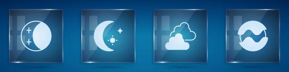 Set Eclipse of the sun, Moon and stars, Cloudy weather and Planet. Square glass Ilustração Stock