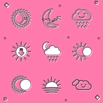 Set Eclipse of the sun, Moon icon, Cloud with rain, Sunset, and moon, and icon 스톡 일러스트
