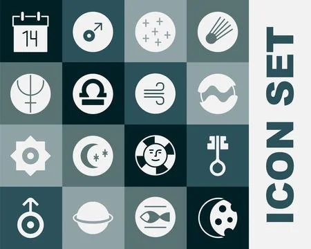 Set Eclipse of the sun, Old magic key, Planet, Full moon, Libra zodiac, Nep.. Ilustração Stock