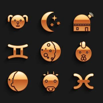 Set Eclipse of the sun, Ox zodiac, Pisces, Rooster, Gemini, Astronomical Stock Illustration
