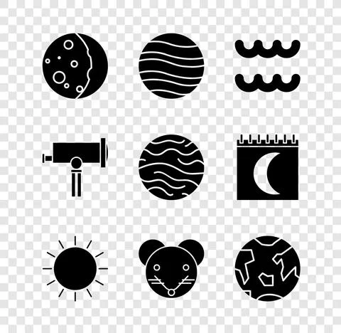 Set Eclipse of the sun, Planet Jupiter, Aquarius zodiac, Sun, Rat, Earth Stock Illustration