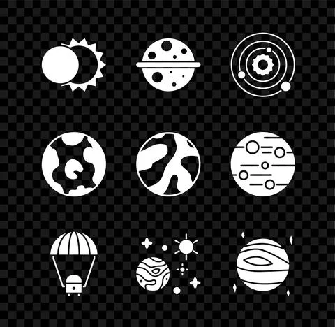 Set Eclipse of the sun, Planet Saturn, Solar system, Space capsule and parachute Stock-Illustration