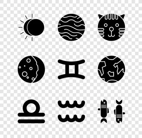 Set Eclipse of the sun, Planet Venus, Tiger zodiac, Libra, Aquarius, Pisces, and Ilustração Stock