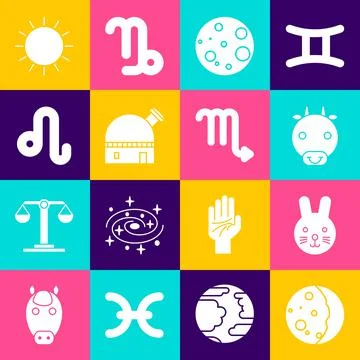 Set Eclipse of the sun, Rabbit zodiac, Ox, Moon, Astronomical observatory, Leo Ilustração Stock