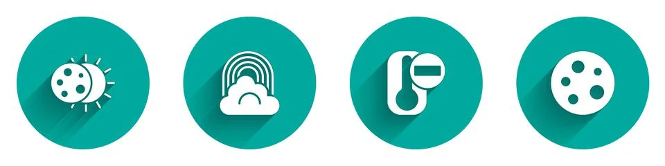 Set Eclipse of the sun, Rainbow with cloud, Thermometer and Moon icon with long Ilustração Stock