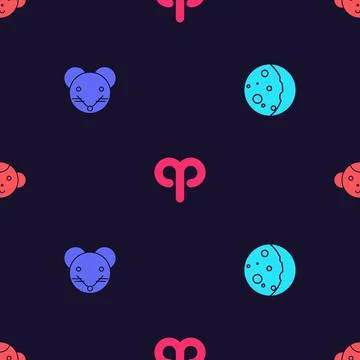 Set Eclipse of the sun, Rat zodiac, Aries and Monkey on seamless pattern. Vector Stock Illustration