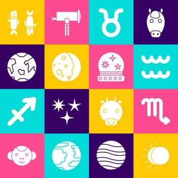 Set Eclipse of the sun, Scorpio zodiac, Aquarius, Taurus, Planet Earth, Pisces Ilustração Stock