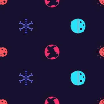 Set Eclipse of the sun, Snowflake, Earth globe and on seamless pattern. Vector Stock Illustration