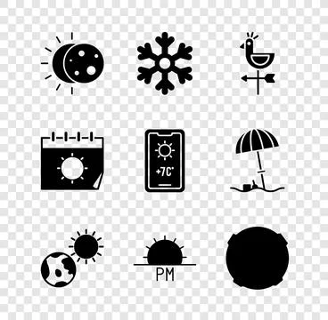 Set Eclipse of the sun, Snowflake, Rooster weather vane, Earth globe and, S.. Stock Illustration