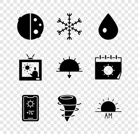 Set Eclipse of the sun, Snowflake, Water drop, Weather forecast, Tornado Ilustração Stock