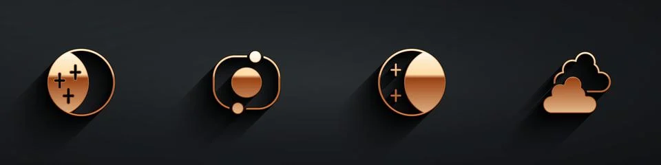Set Eclipse of the sun, Solar system, and Cloudy weather icon with long shadow Ilustração Stock