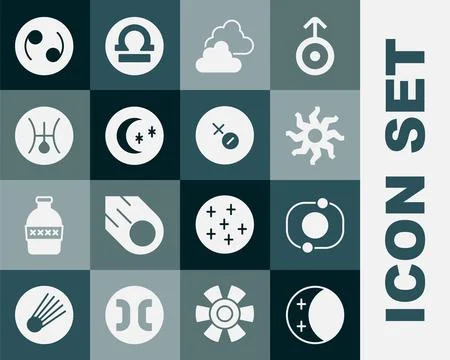 Set Eclipse of the sun, Solar system, Sun, Cloudy weather, Moon and stars, Sy Ilustração Stock